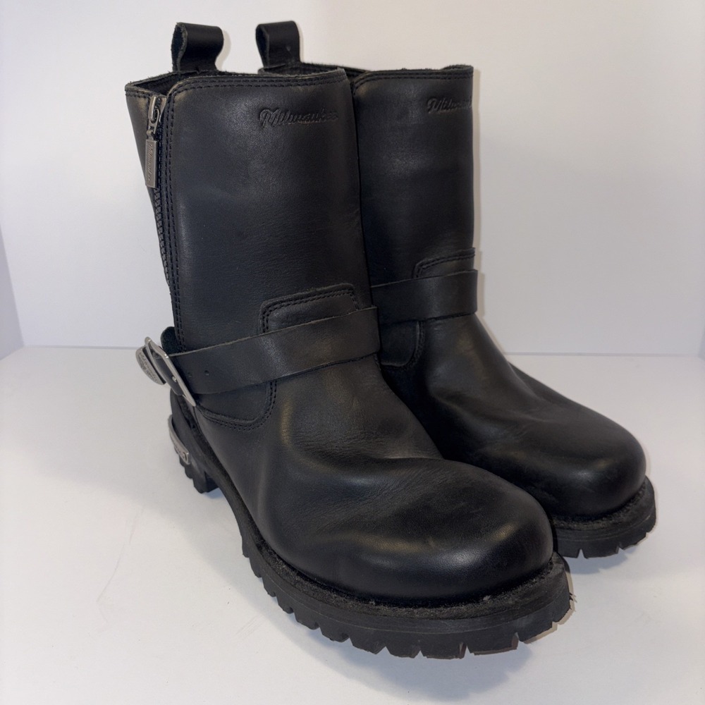 Milwaukee Motorcycle Afterburner MB407 Mens Zip 10.5D Black Leather Biker Boots